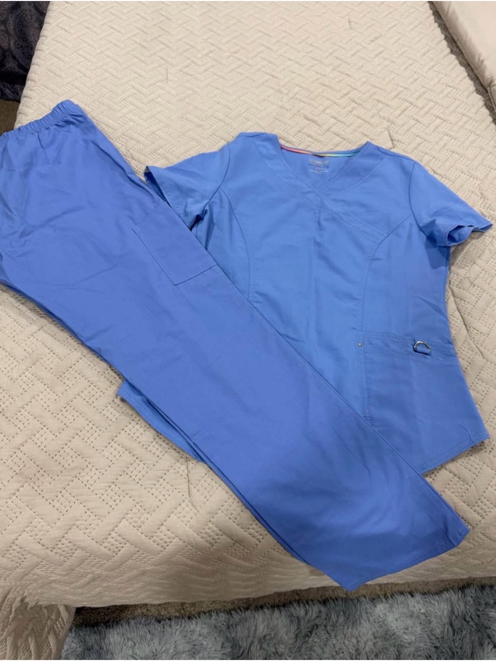 Scrubstar Light Blue V-Neck Medical Top with Rainbow Trim